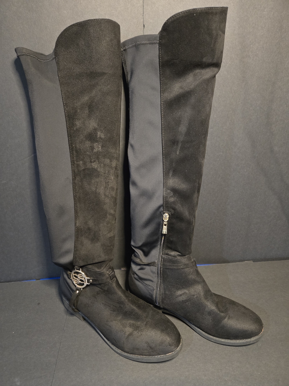 bebe Black Over-the-Knee Stretch Boots with Ankle Buckle
